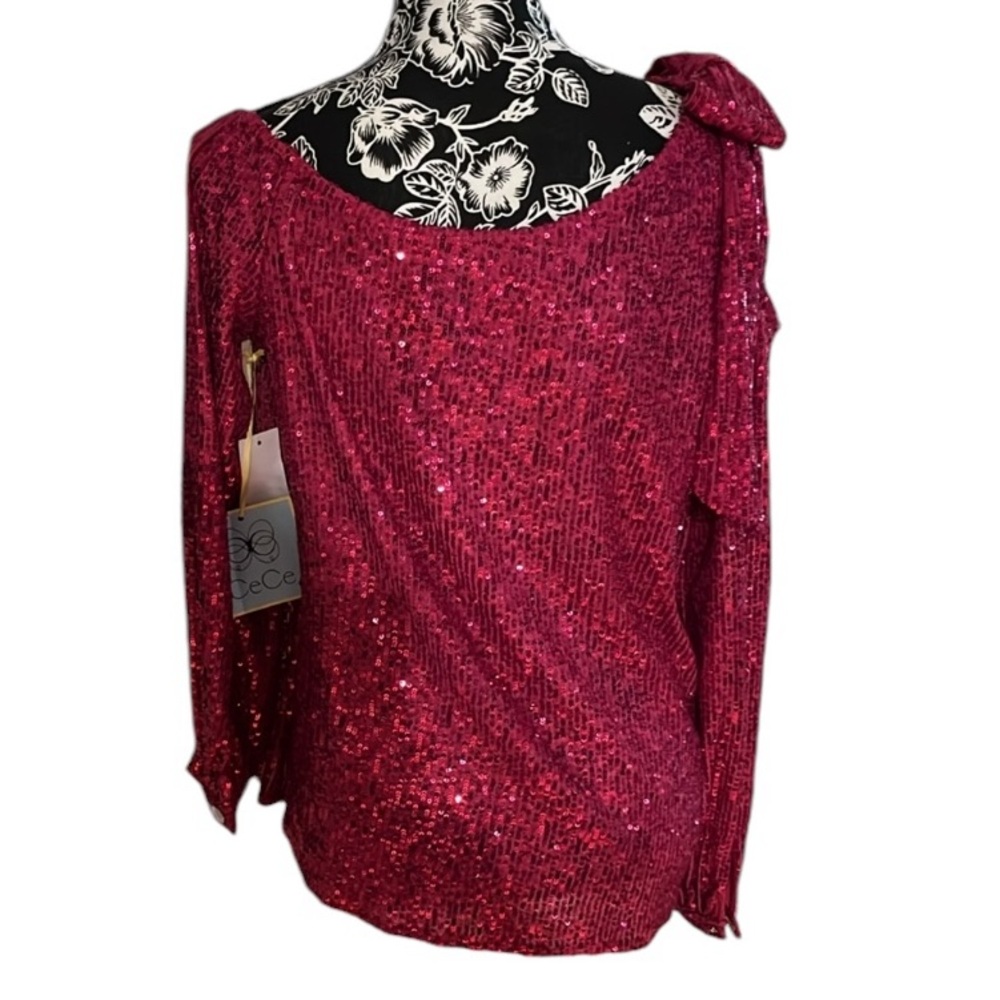 CeCe size large pink sequin holiday top cold shoulder top bow detail